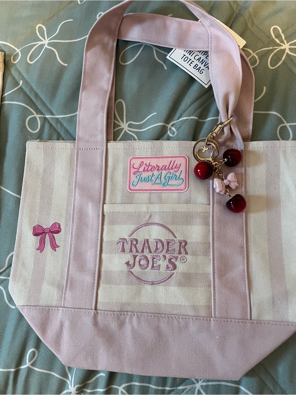 Pink Striped Kids Tote Bag with Cherry Charm